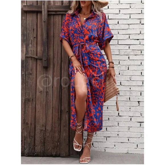 Spotted All Over Print Button Through Tie Belt Ruched Maxi Shirt Dress - Picture 3 of 11